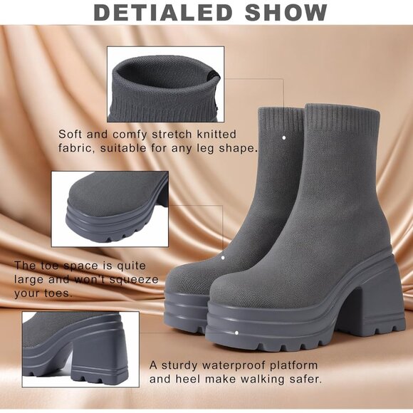 ⚡Women Grey Knit Square Toe Stretch Soft Block High Heel Punk Dress Sock Boots - Picture 6 of 6